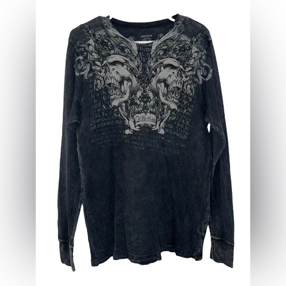 Affliction Rare Skull Thermal Waffle Knit Shirt Navy Mens Medium Y2K Grunge MMA - Picture 5 of 9